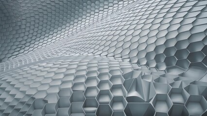 Poster - Hexagonal dark blue navy background texture placeholder, radial center space, 3d illustration, 3d rendering backdrop