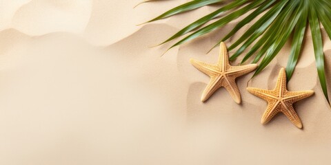 Wall Mural - Tropical Beach with Starfish and Palm Leaf