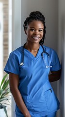 Poster - Smiling nurse in blue scrubs with stethoscope standing in a hospital. Professional healthcare worker providing care and support.