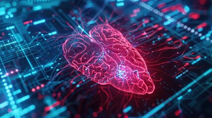 Aufkleber - Futuristic digital representation of a human heart with neon lines and circuits, symbolizing modern healthcare technology and innovation.