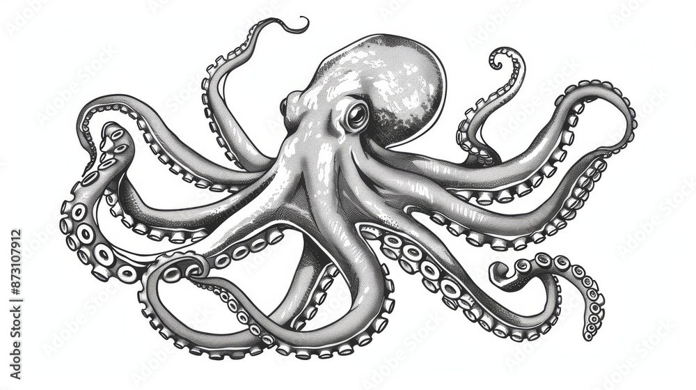 Isolated monochrome sketch icons of an Octopus pouple devilfish. A ...
