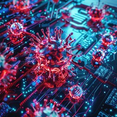Poster - Digital representation of viruses infiltrating a computer motherboard. Conceptualizing virtual threats in cybersecurity.
