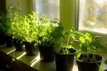 Wall Mural - herbs in pots on a windowsill