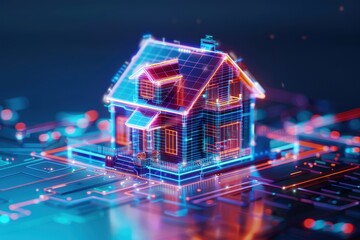 Poster - Futuristic smart home concept with digital glowing neon house model on circuit board, representing technology and innovation.