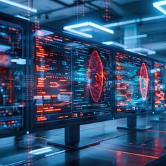 Poster - Futuristic computer screens displaying advanced data visualizations and cybersecurity information in a modern tech environment.