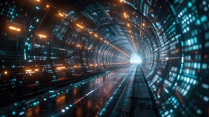 Wall Mural - A futuristic tunnel filled with digital data streams and glowing lights, representing advanced technology and information flow