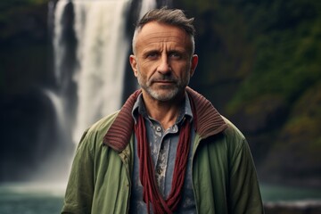 Wall Mural - Portrait of a glad man in his 50s wearing a chic cardigan on backdrop of a spectacular waterfall