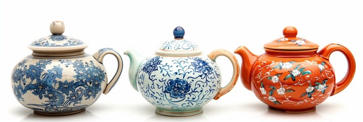 Poster - Three Chinese porcelain teapots, one blue and white with a floral design, the second an orange color pattern with floral decoration