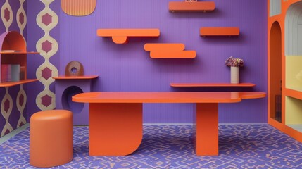 A creative Memphis design home office with a vibrant orange desk against a patterned purple wall, complemented by quirky, irregularly shaped shelves.