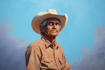 Sticker - Portrait of a content indian man in his 70s wearing a rugged cowboy hat isolated on pastel blue background