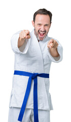 Wall Mural - Handsome middle age senior man wearing kimono uniform over isolated background Pointing to you and the camera with fingers, smiling positive and cheerful