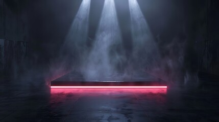 Black neon light product background stage on dark matte floor with eerie glow spotlight, in gothic style