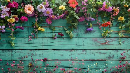 Wall Mural - colorful flowers on green wooden planks