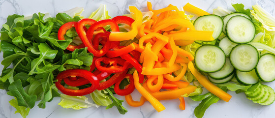 Wall Mural - A colorful salad with a variety of vegetables including cucumbers, peppers