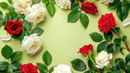 Poster - Arrangement of red and white roses with leaves on a bright background Floral design concept in a summer garden theme Top view with space for text