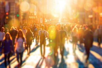 Wall Mural - Sunny day in the city, a crowd of people walking down the street.