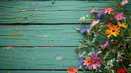 Poster - Colorful flowers on green wooden planks