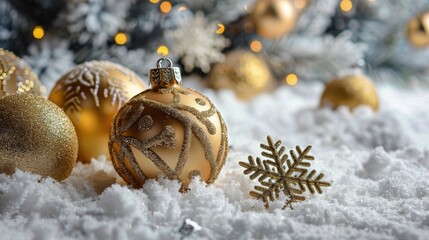 Wall Mural - festive winter decorations gold christmas ornaments and snowflake pine ornaments on snowy background