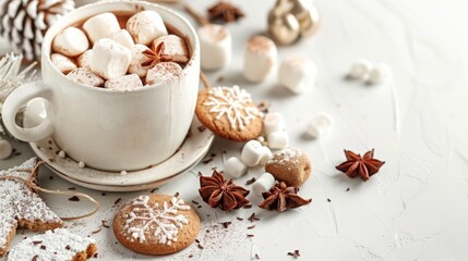 Wall Mural - Festive Winter Hot Cocoa with Marshmallows and Cookies on White Background