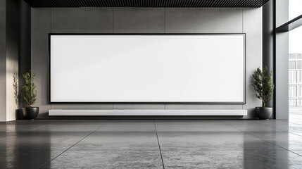 Poster - large white display billboard on the gray wall and office building. Large room with bright clean white empty display place for advertisement and design mock up. White display mock up. Room with tile