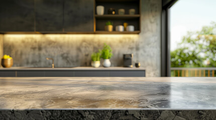Poster - Kitchen countertop table made of gray marble with blurred kitchen home cozy background and lights. Empty gray marble table in the kitchen in the evening. Kitchen home cozy background interior design