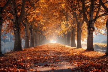 Wall Mural - a serene treelined path with sunlight professional photography