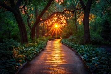 Wall Mural - a serene treelined path with sunlight professional photography