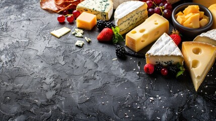 Canvas Print - Assorted cheeses and berries on textured background with space for text