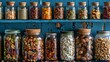© Liffer - Rustic jars of assorted dried goods and spices on a wooden shelf, illustrating a homely and organic kitchen storage solution.