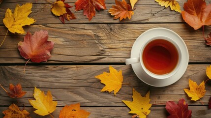 Wall Mural - Autumn themed flat lay with tea cup and leaves on wooden desk Concept of tea break in fall