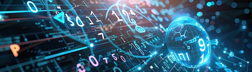 Poster - Abstract representation of data flow with numbers and digital elements, depicting futuristic technology and cyber world.