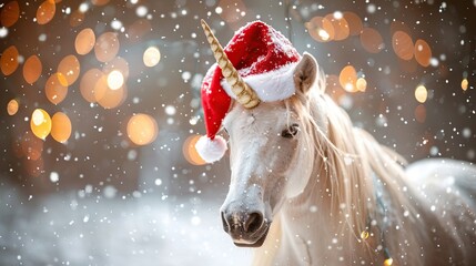 Wall Mural - Unicorn Wearing Santa Hat in Winter Wonderland