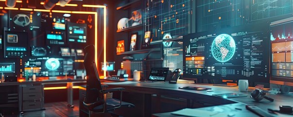 Poster - Futuristic command center with multiple digital screens, showcasing advanced technology and data analysis in a high-tech environment.