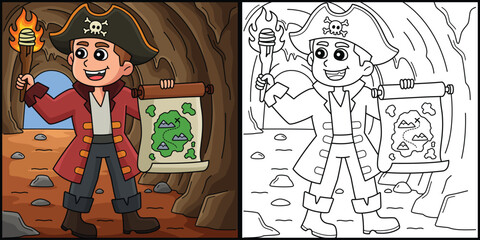 Wall Mural - Pirate Treasure Map Coloring Page Illustration