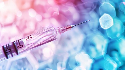 Poster - Detailed view of a syringe with abstract light patterns in the background. Concept of medical research and vaccination.