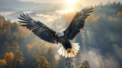 Poster - Majestic Bald Eagle Soaring Through Misty Mountains