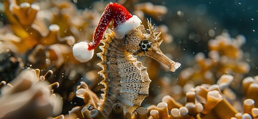 Wall Mural - Seahorse Wearing Santa Hat