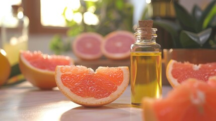 Canvas Print - Bottle of grapefruit essential oil in focus at spa