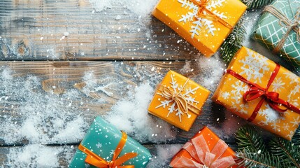 Poster - Winter themed Presents and Fir Tree Decoration in Snow Colorful Gift Boxes on Wooden Surface with Snowy Effect