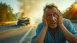 © Andrii  - Wrecked Car Scene: European Man in Shock