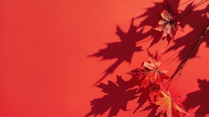 minimal autumn concept with maple tree leaves casting shadows on a red backdrop trendy flat lay with