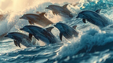 Sticker - Dolphins Leaping Through Waves at Sunset