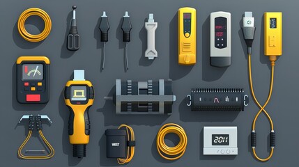 Wall Mural - 3D icon set for electricity. electrical apparatus. Accessories: wire, socket, battery, multimeter, extension cord, electric plug, and electric fuse. Icons and objects isolated on a gray background