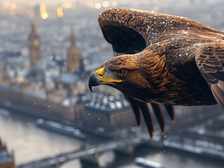 a  eagle, flying high above a cityscape with the Big Ben clock tower visible in the background.