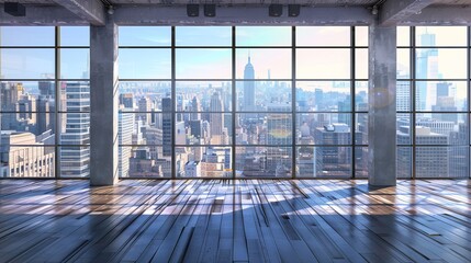 Wall Mural - Empty loft turned modern interior office with glass window overlooking city skyline and buildings