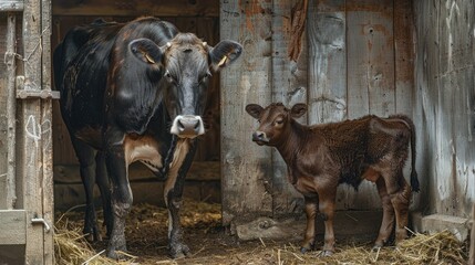 Wall Mural - cow and calf in pen at rural farm