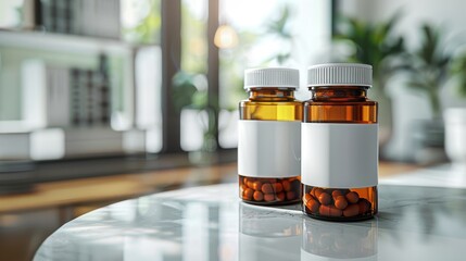 Close-up of two prescription bottles with blank labels on a glass table, modern and clean design, illustration background