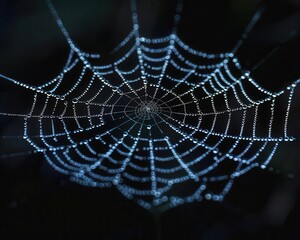 Poster - A stunning spider web covered in dewdrops on a dark backdrop, captured with professional color grading, soft shadows, sharp focus, and natural lighting.