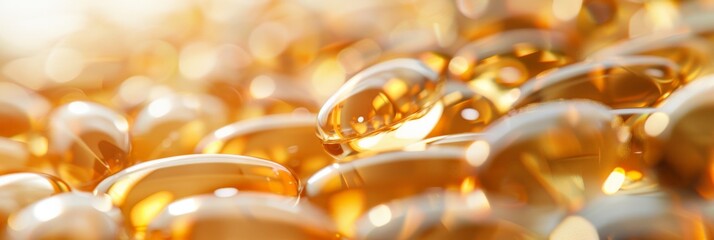 Poster - Macro shot of shiny golden capsules with soft focus and warm lighting. Concept of dietary supplements, healthcare, and wellness.