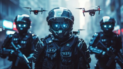 Canvas Print - Futuristic police force with communication helmets and drones